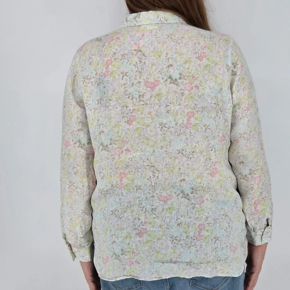 J. Jill Love Linen Floral Button Down Shirt Floral Coastal Beachy Sustainable Lg